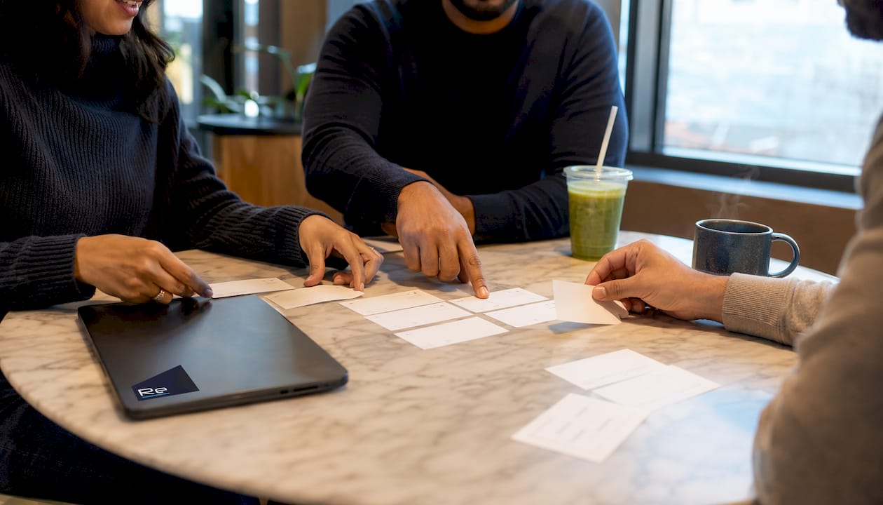 Critical systems backup workflow for IT managers - Re-solution Hands sorting IT asset inventory cards