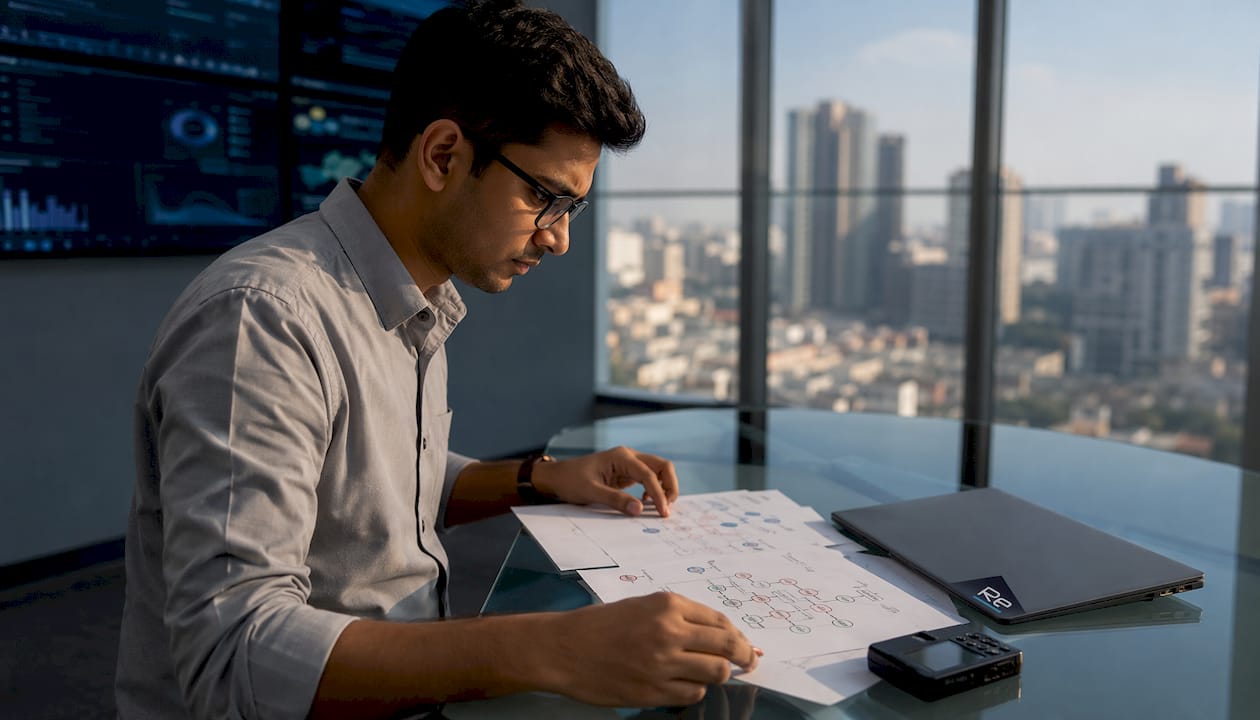 Critical systems backup workflow for IT managers - Re-solution IT professional reviewing system dependency diagrams