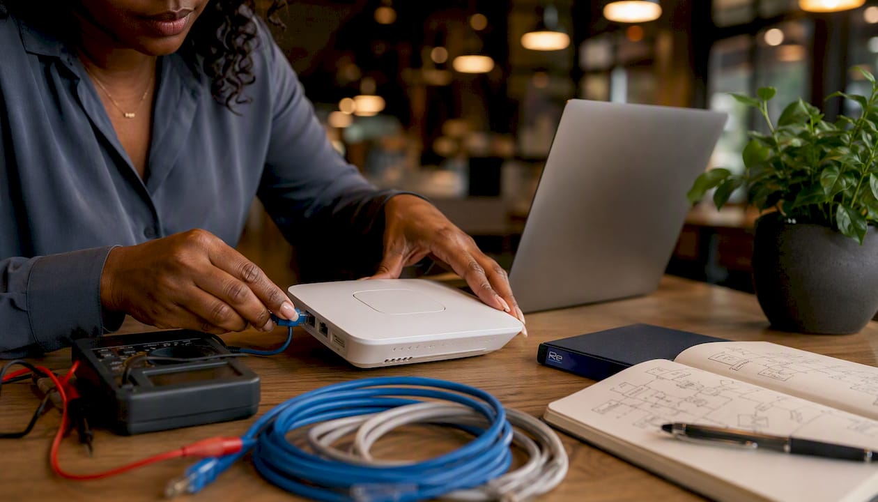 Hands handling Aruba wireless access point device
