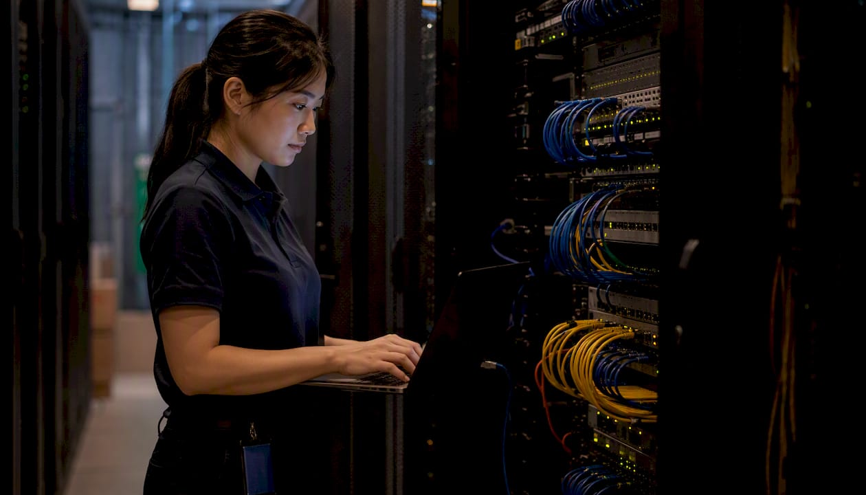 NOC networking explained for UK IT teams - Re-solution Technician inspecting core network switch