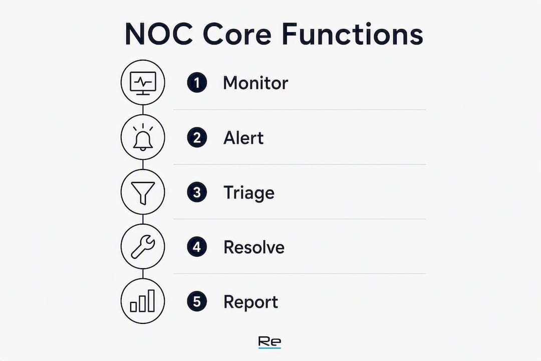 NOC networking explained for UK IT teams - Re-solution Infographic illustrating five core NOC functions