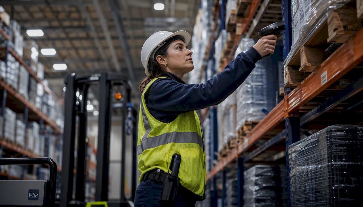 Warehouse wireless for logistics managers: what to brief your supplier - Re-solution Warehouse picker using handheld wireless scanner walking aisle