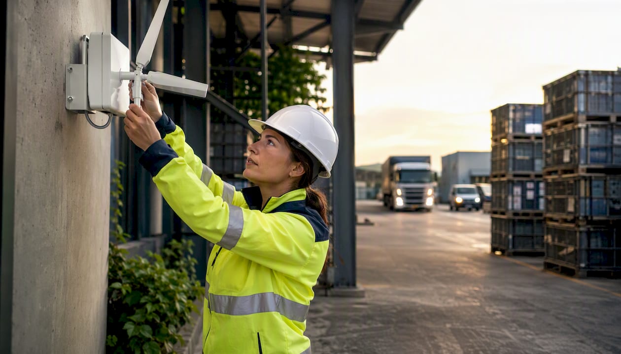 Warehouse wireless for logistics managers: what to brief your supplier - Re-solution Engineer adjusting Wi-Fi access point antenna in warehouse aisle