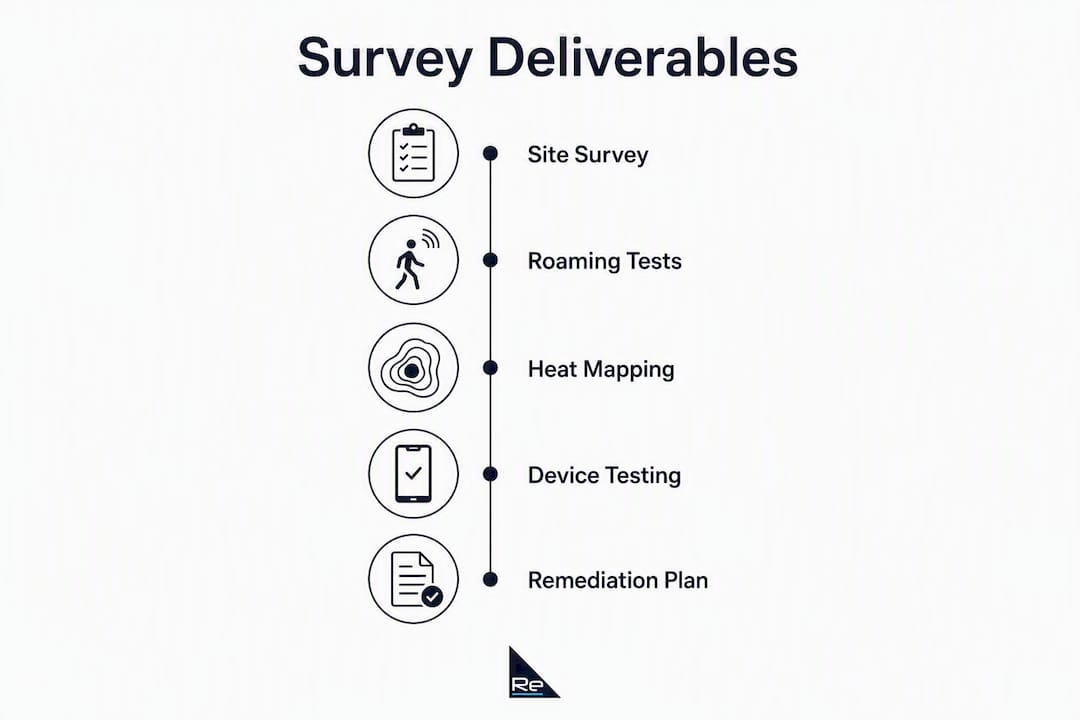 Warehouse wireless for logistics managers: what to brief your supplier - Re-solution Infographic showing warehouse wireless survey deliverables steps