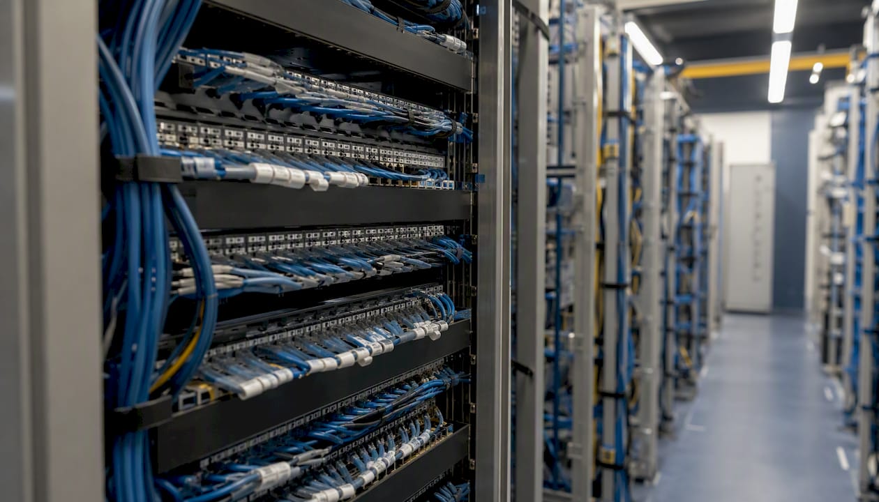Cables plugged into patch panels in network rack