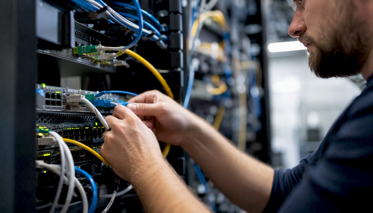 How to connect to an IP network: enterprise guide for UK IT teams - Re-solution Hands adjusting network routing cables on rack
