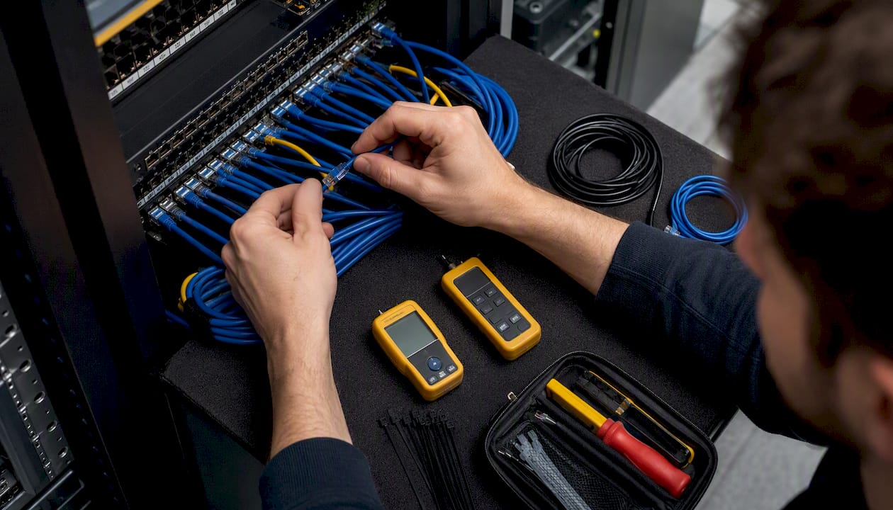 Network assurance for IT teams: a practical guide - Re-solution Hands testing network cables in campus data room