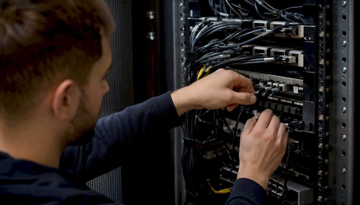 Microsoft Partner Network programme: a guide for UK technology businesses - Re-solution Hands connecting cables in network rack
