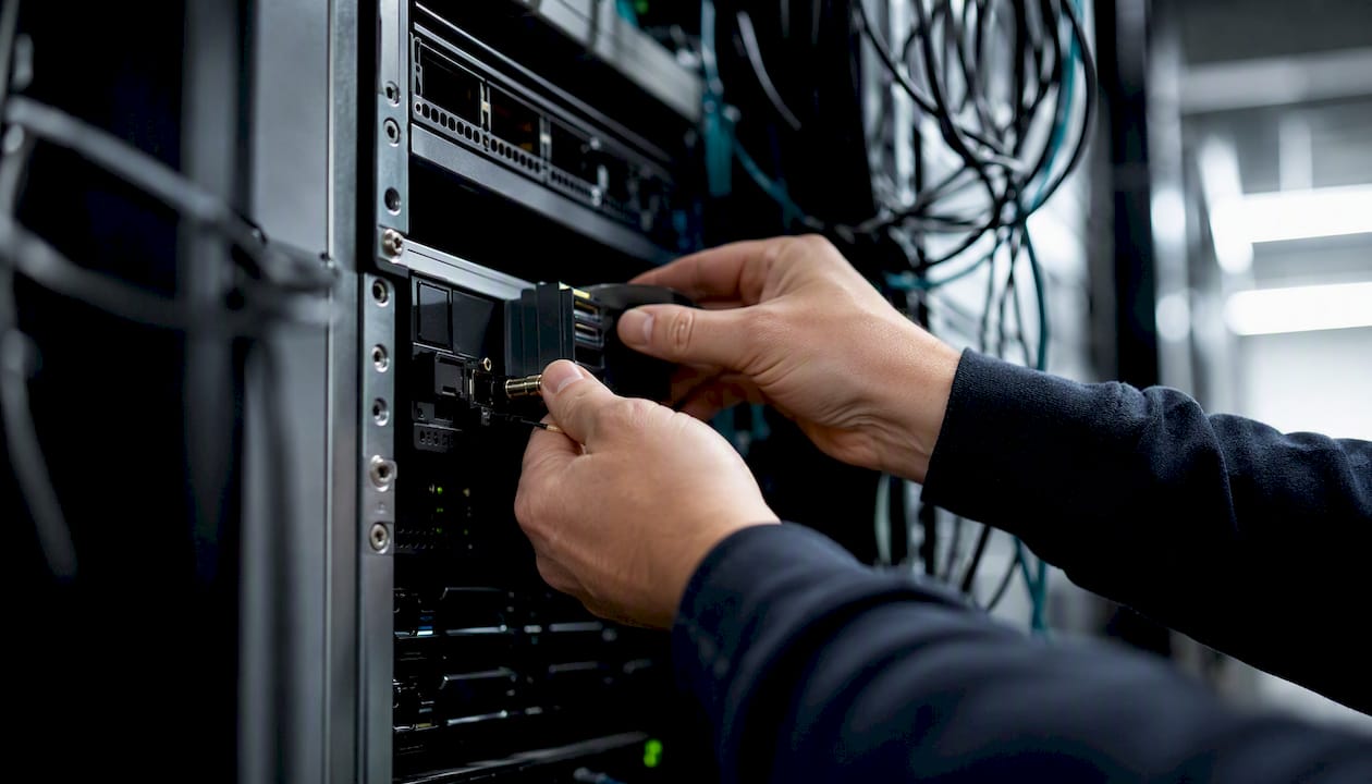 Which Gartner Magic Quadrant matters for cloud security - Re-solution Hands installing telemetry device in network rack