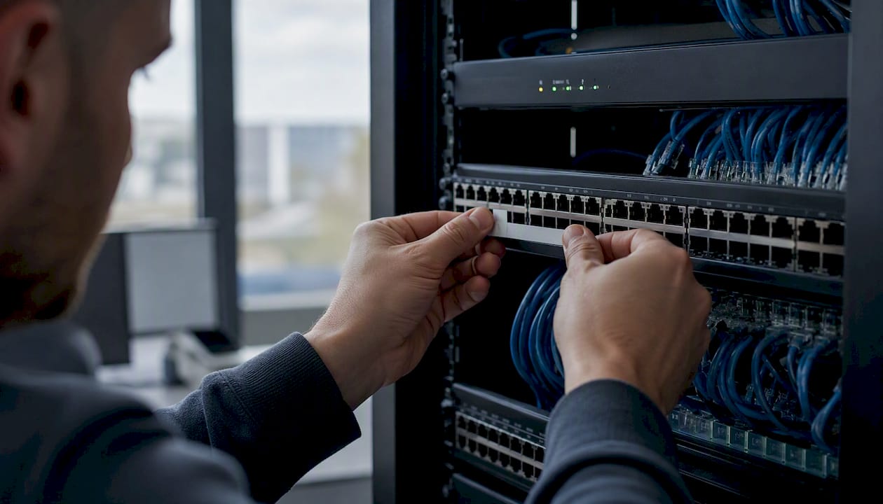 Hands tagging network patch panel