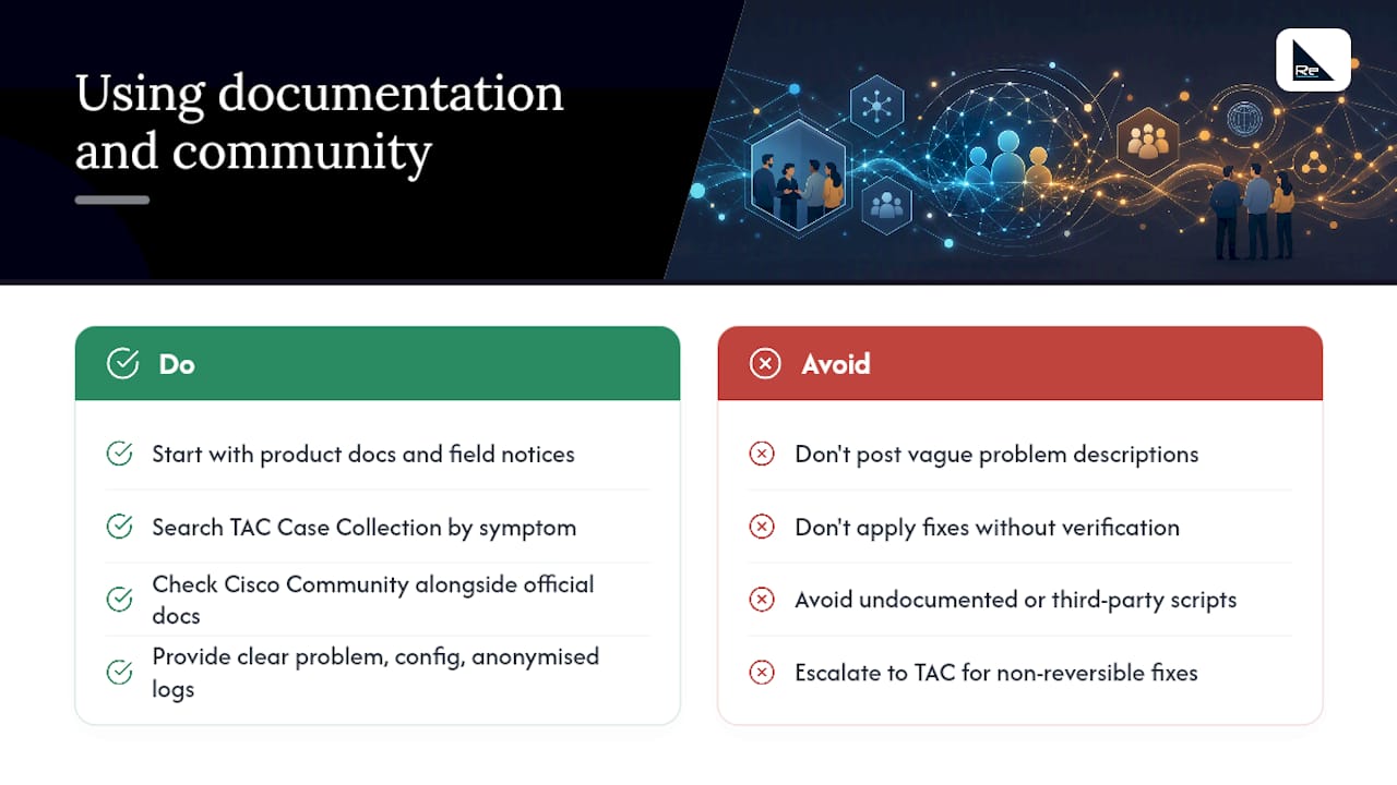Using documentation, TAC knowledgebase and Cisco Community effectively — overview diagram