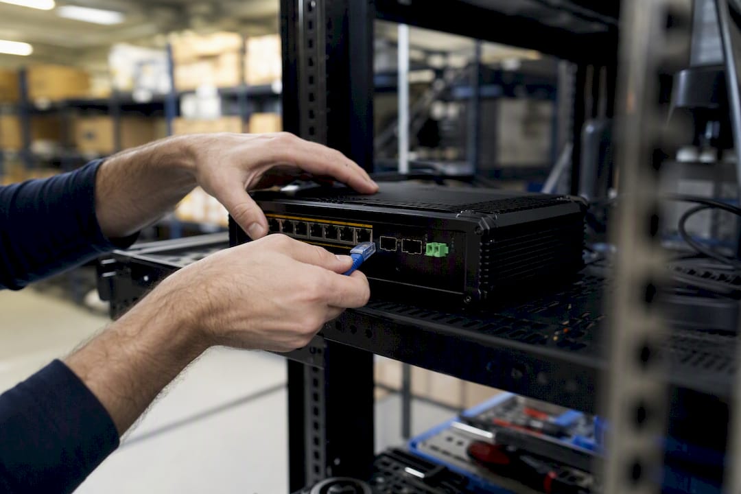 Hands installing industrial firewall device