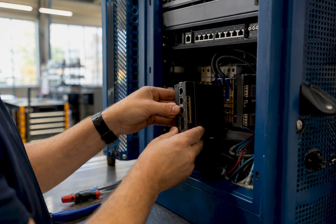 Hands installing industrial network monitoring device