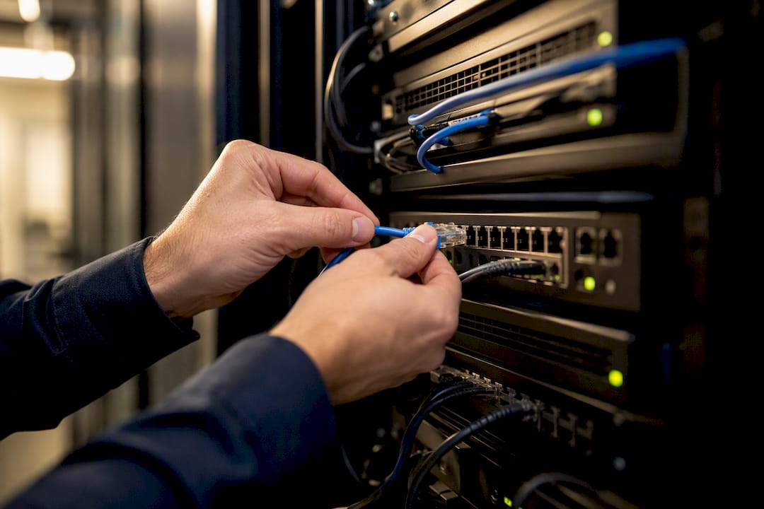 Hands plugging cable in network rack
