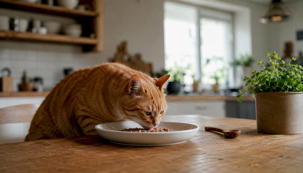 The cat calmly enjoys its food from a flat plate.