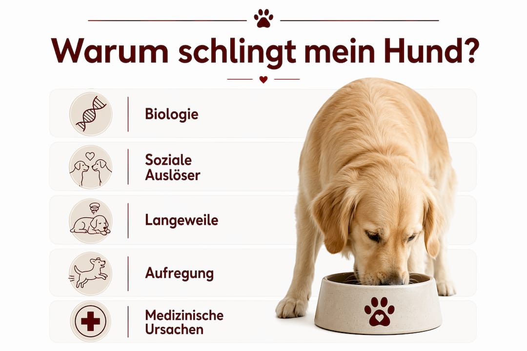 Infografik: Warum schlingen Hunde beim Fressen? – Die häufigsten Ursachen auf einen Blick