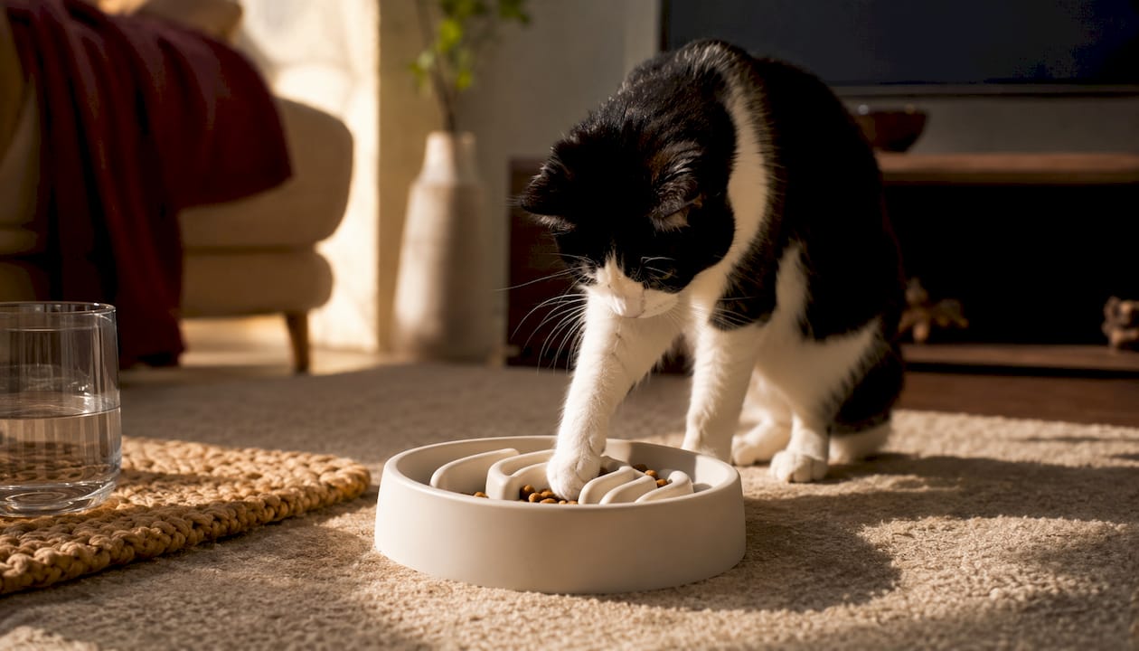 Thanks to the special bowl, the cat no longer gulps down its food so hastily, but now eats calmly.