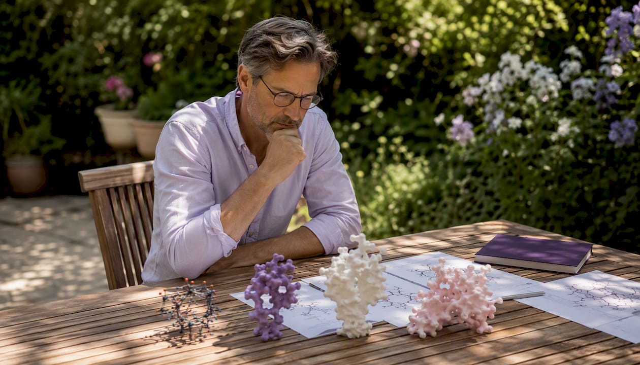 Pharmacologist studying receptor models at desk