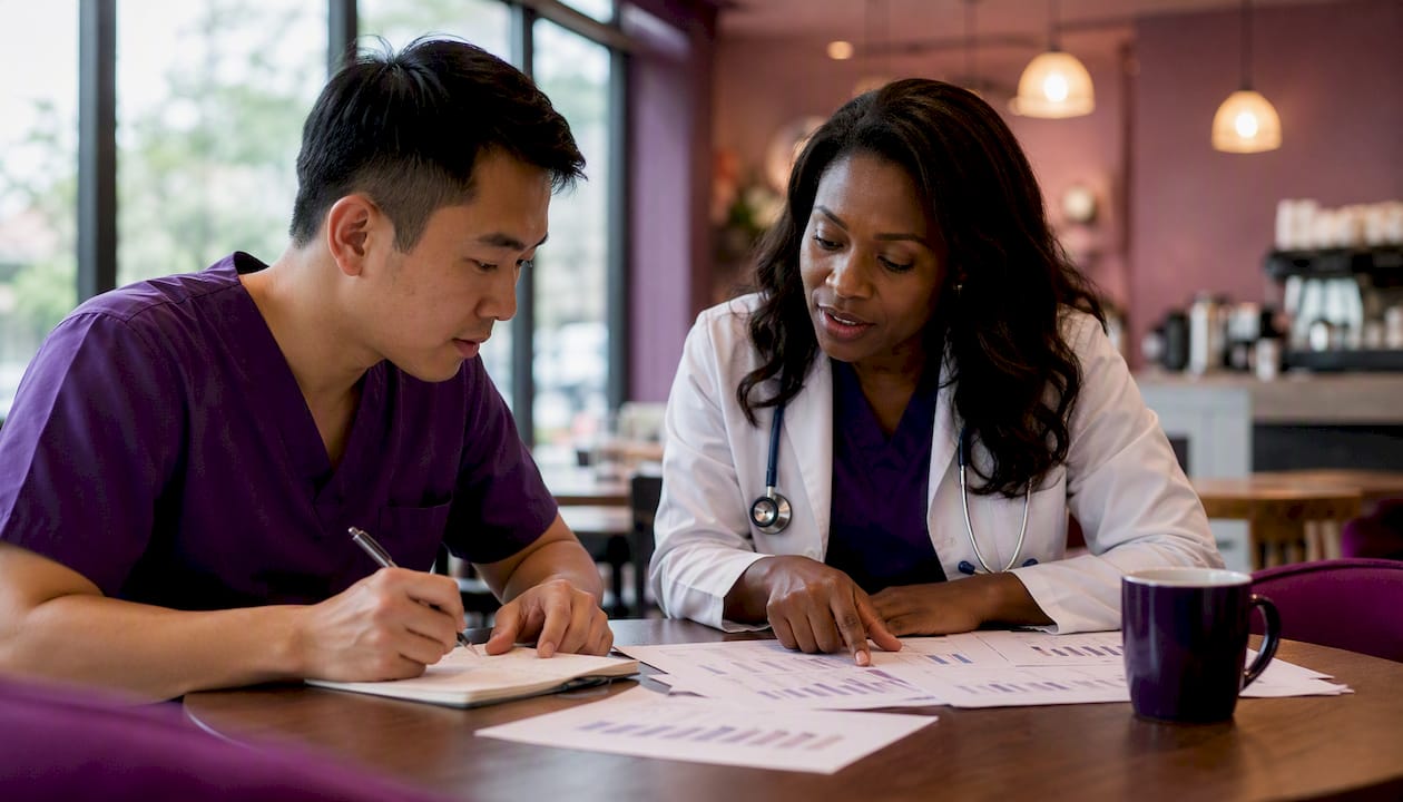 Two clinicians reviewing trial data collaboratively