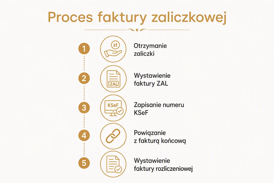 Infografika pokazująca, jak krok po kroku wystawić fakturę zaliczkową