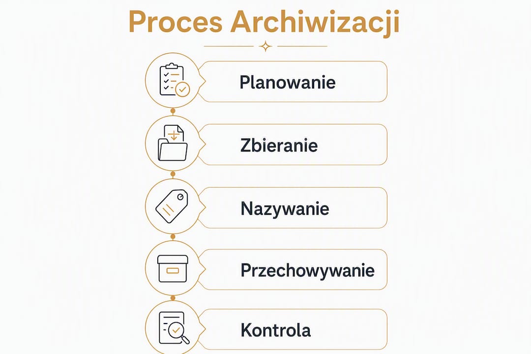 Infografika przedstawiająca kolejne etapy archiwizowania dokumentów związanych z organizacją wydarzeń