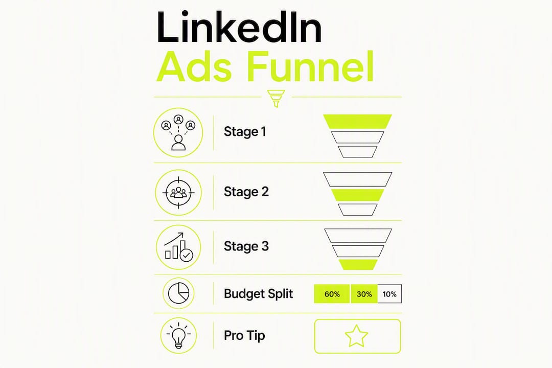 Infographic showing LinkedIn ads funnel stages and budget tips