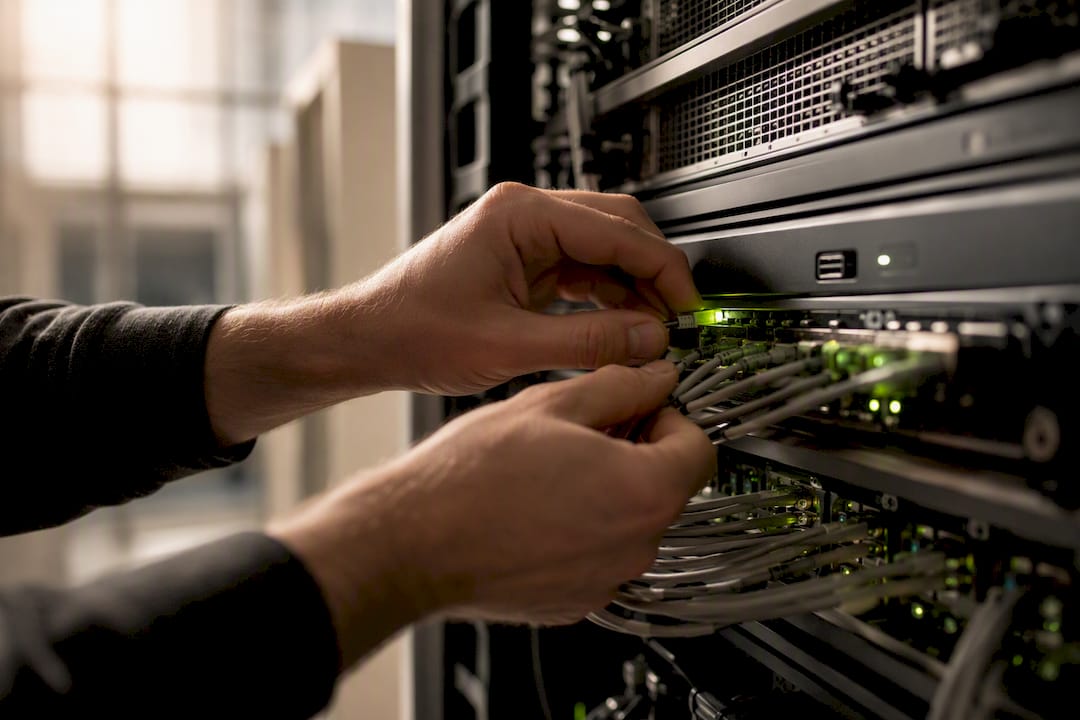 Person's hands connecting cables to server hardware