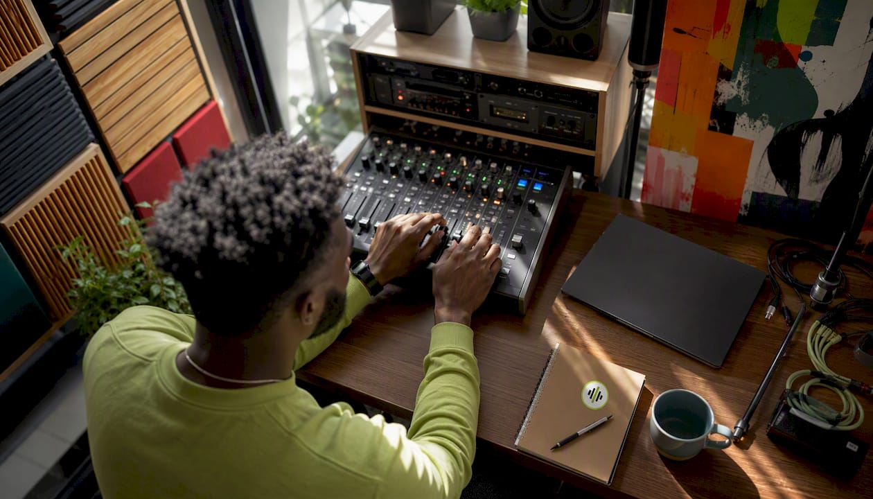 Hands setting up streaming audio capture equipment