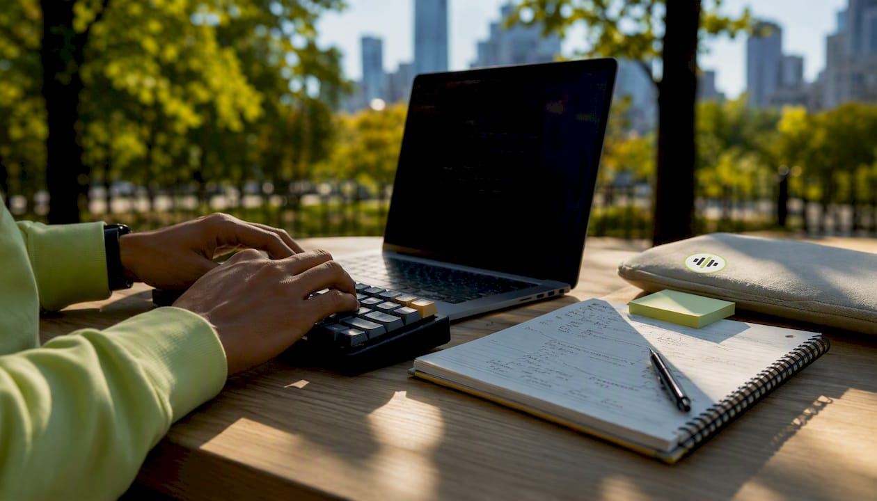 Hands typing transcription API code in co-working space