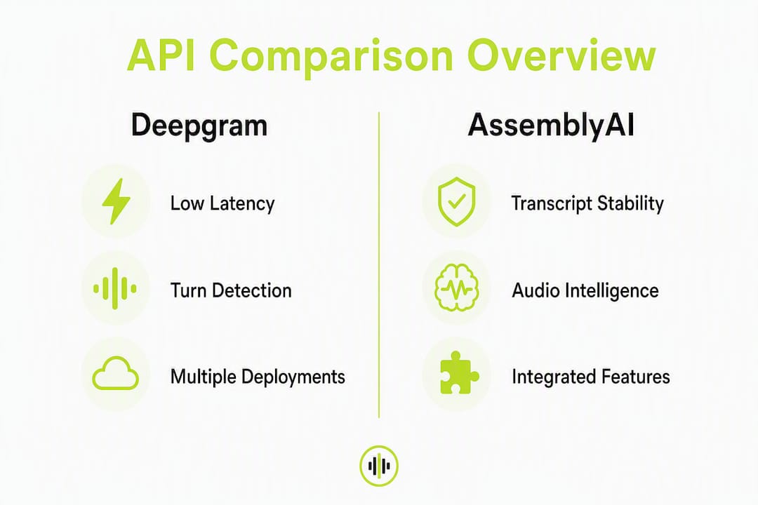 Infographic showing side-by-side comparison of Deepgram and AssemblyAI key features