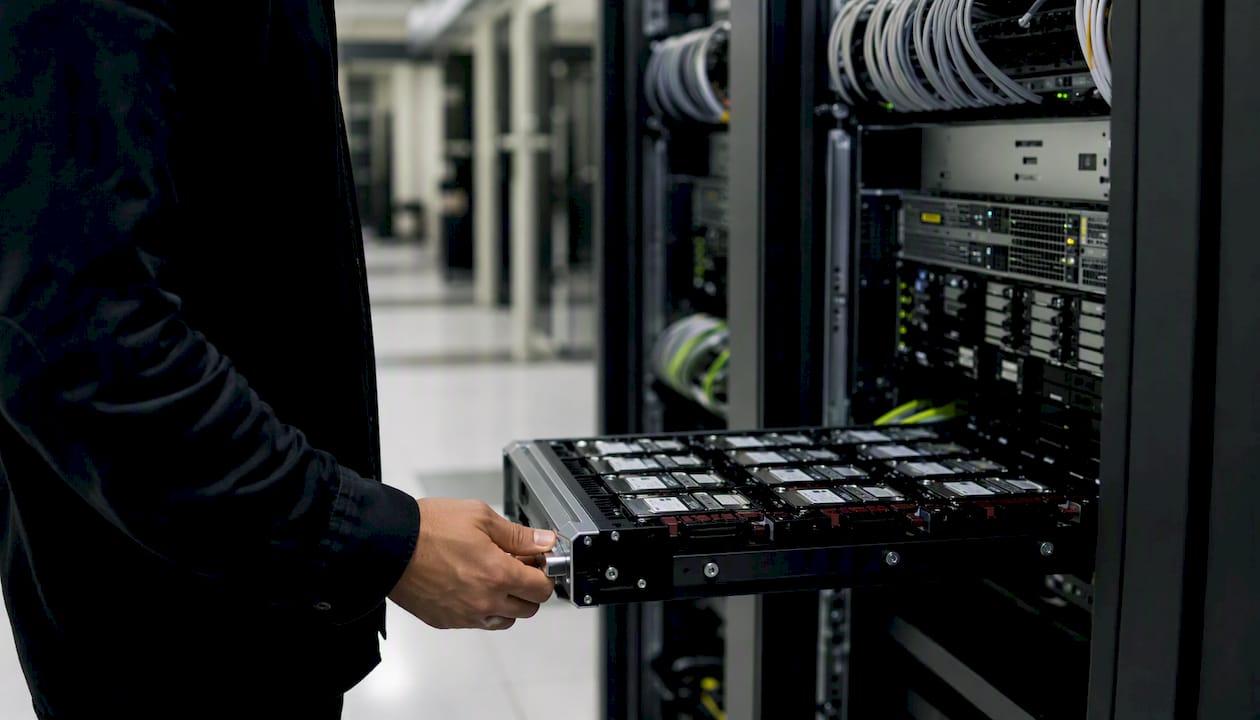 Hand swapping hard drive in server room