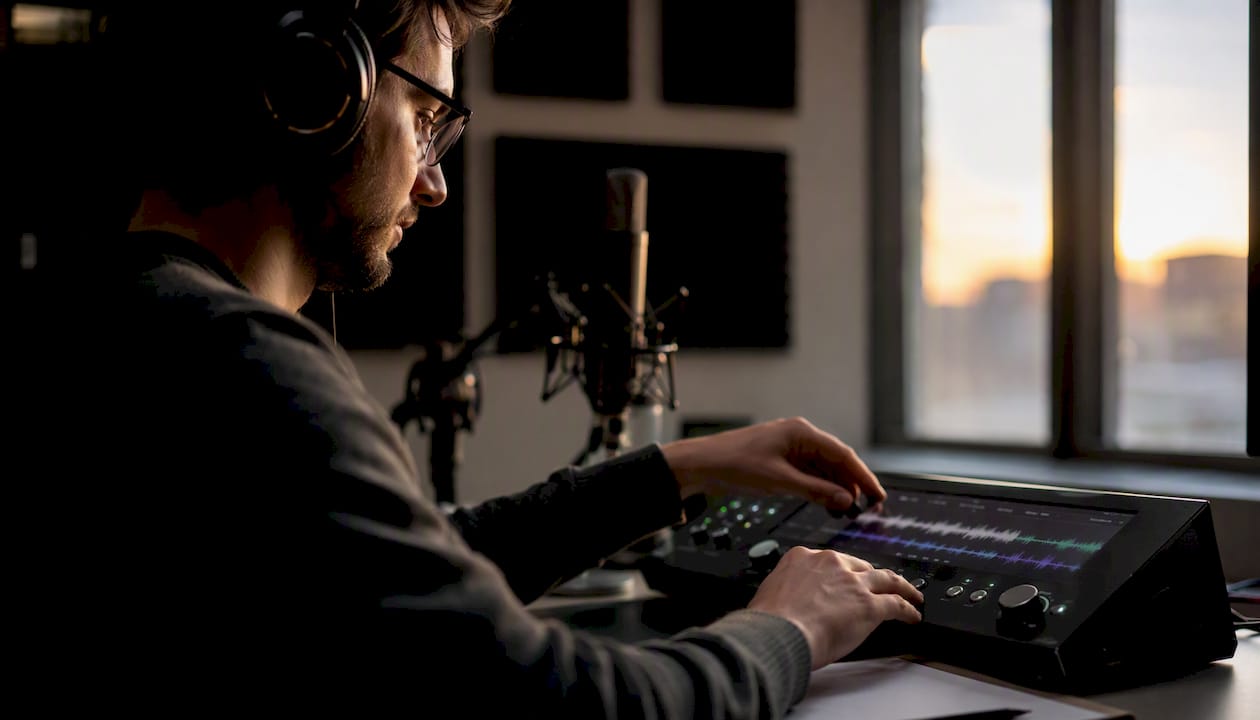 Linguist adjusting audio playback in lab