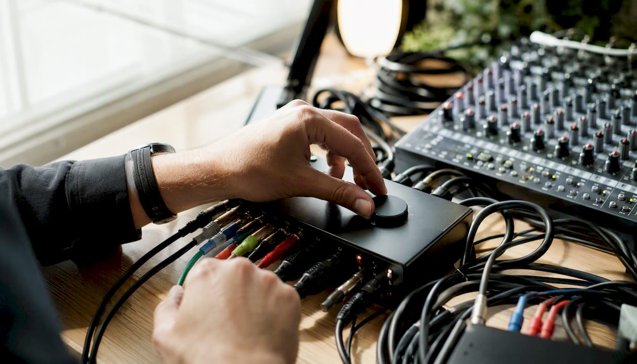 Hands adjusting audio interface knob