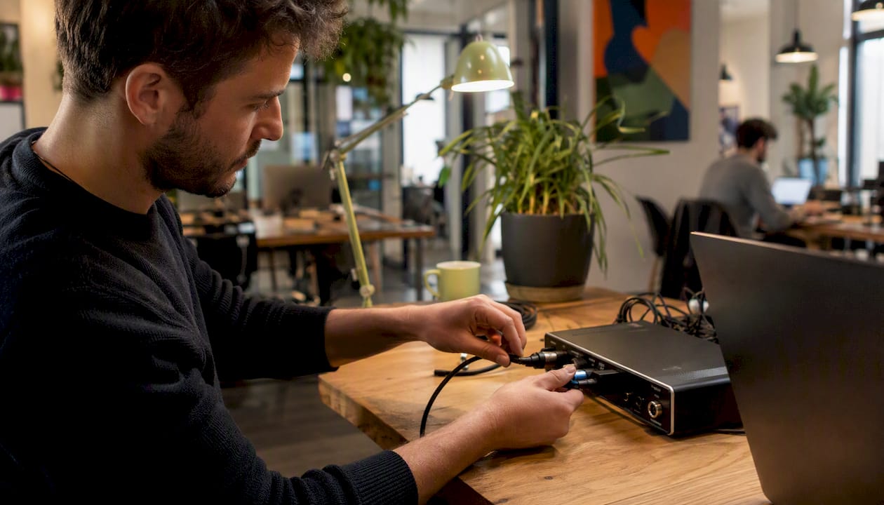 Hands connecting audio interface cable in server rack