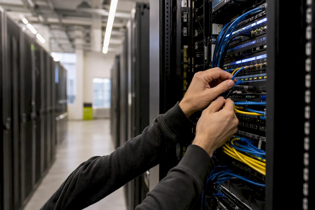 Hands connecting cable to cloud server rack