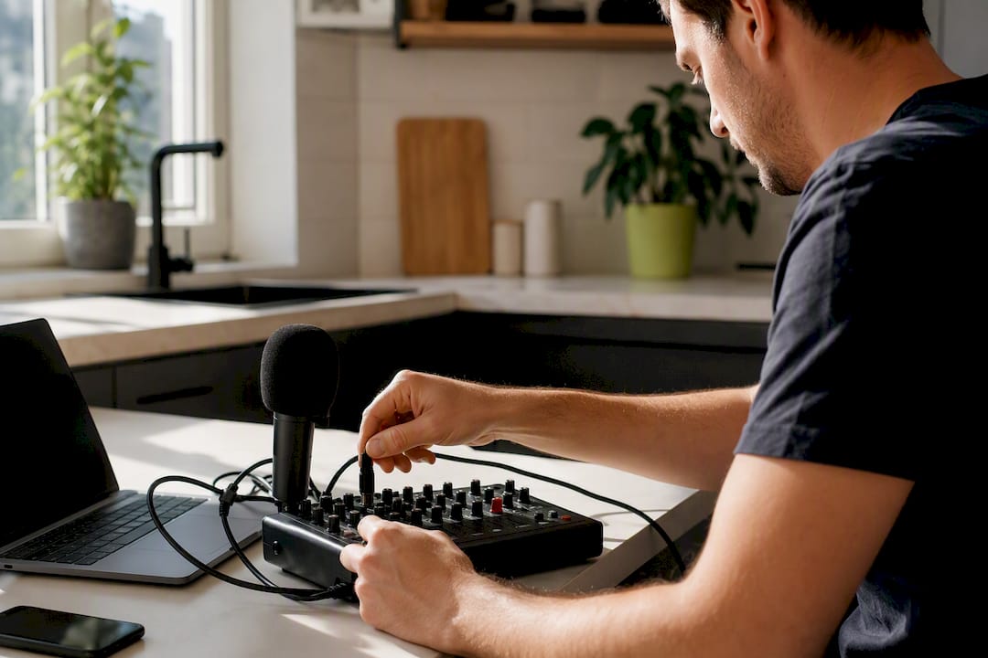 Hands connecting microphone for audio streaming