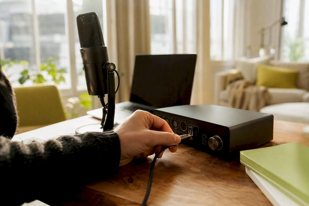 Hand plugging audio cable into device