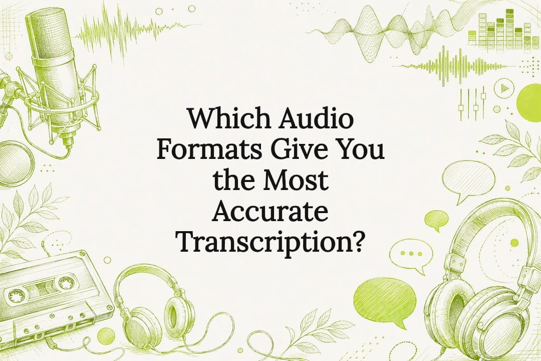 Decorative illustrated title card for audio transcription article