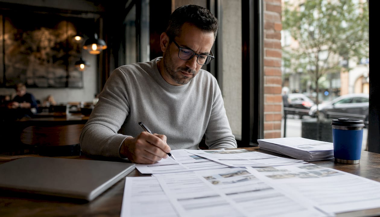 Investor reviewing multiple MLS offers at home