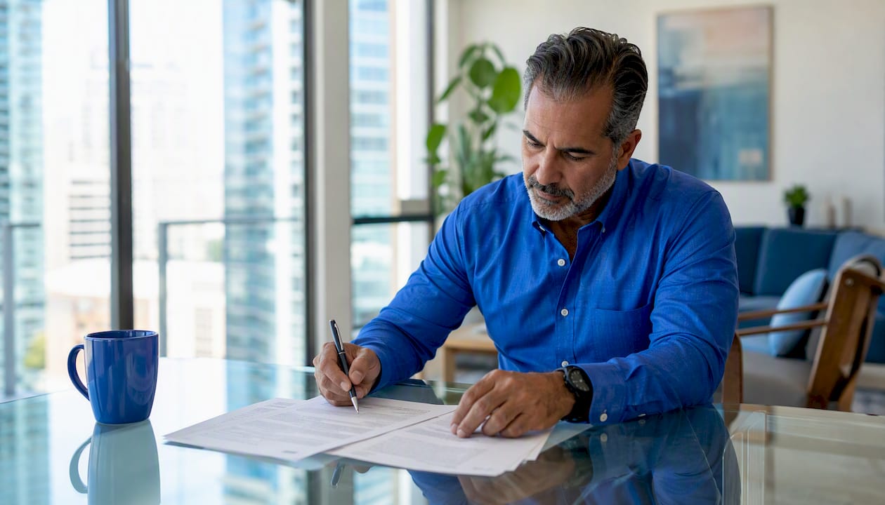 Man reviewing land purchase contract documents at home office table