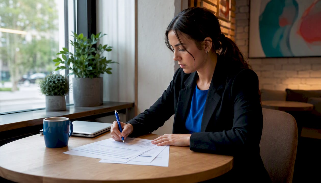 Woman submitting land offer paperwork at glass desk