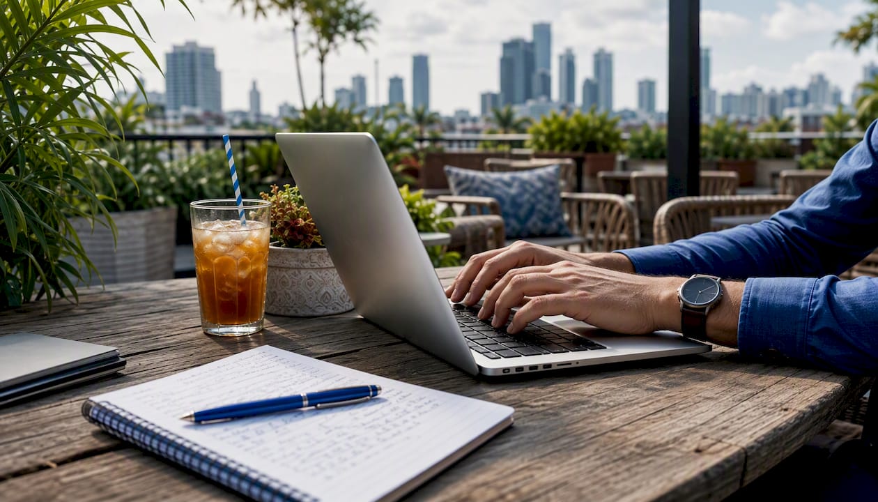 Hands typing MLS offer on laptop keyboard