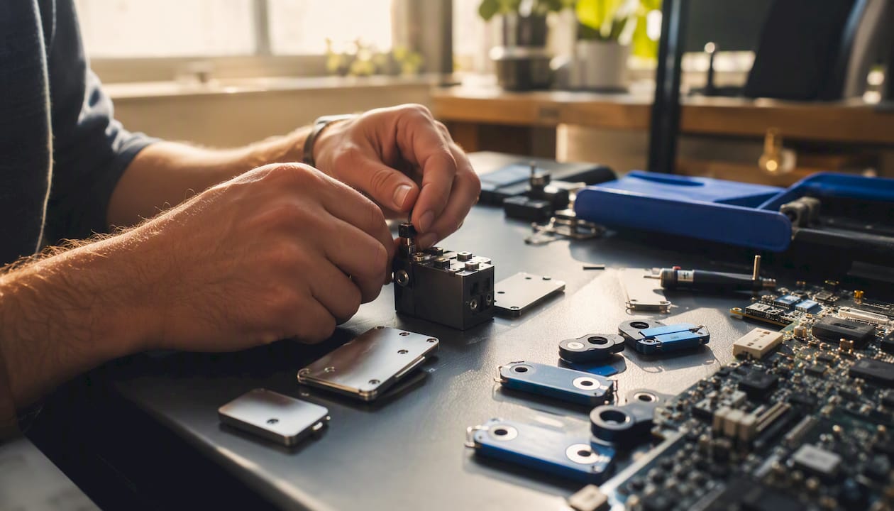Developer hands assembling hardware components for wallets