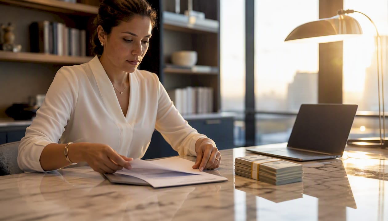 Hands placing earnest money deposit on desk