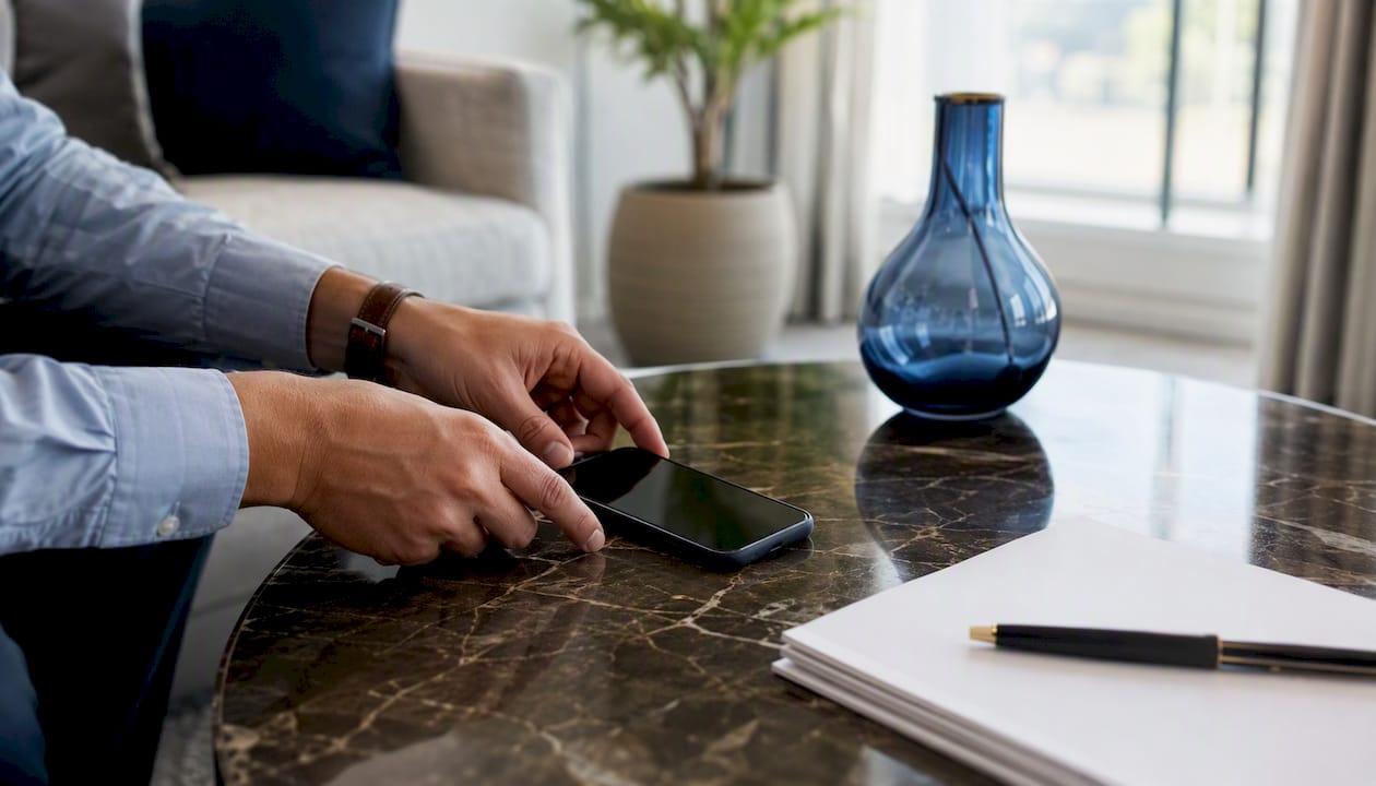 Investor's hand touching smartphone screen