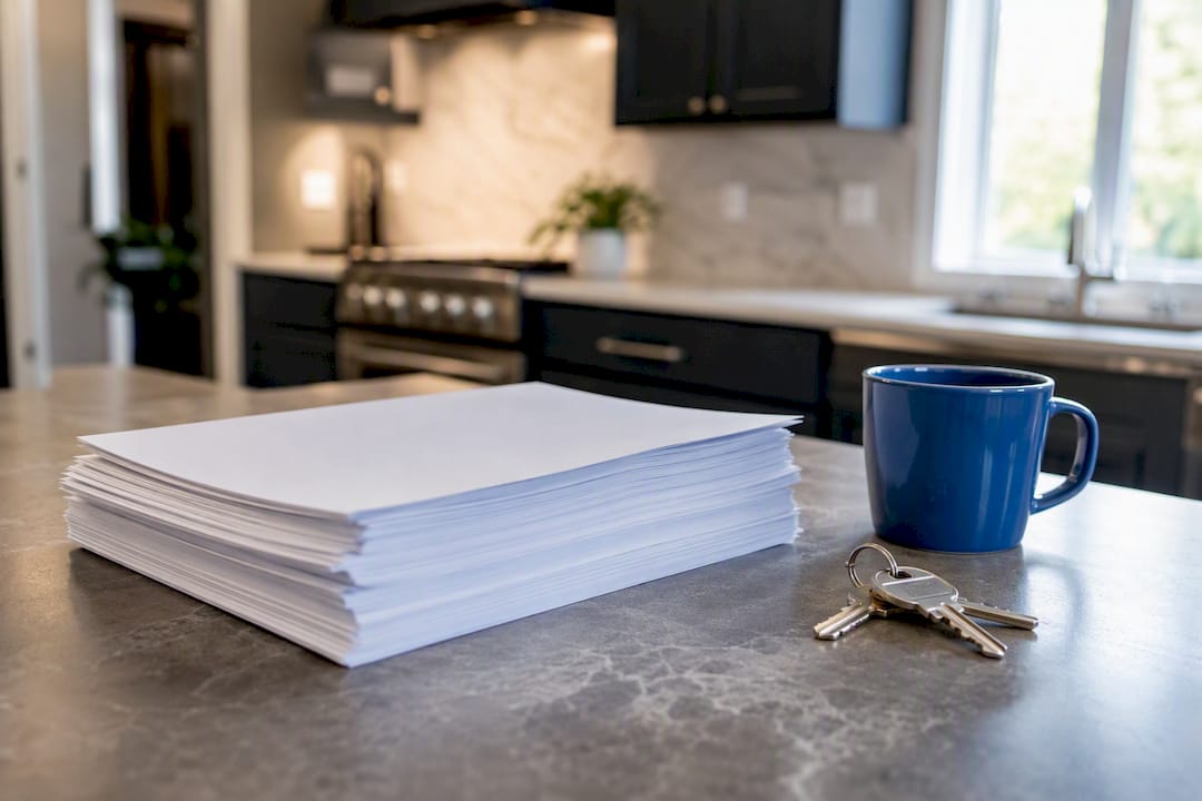 Stack of real estate offer contracts on desk
