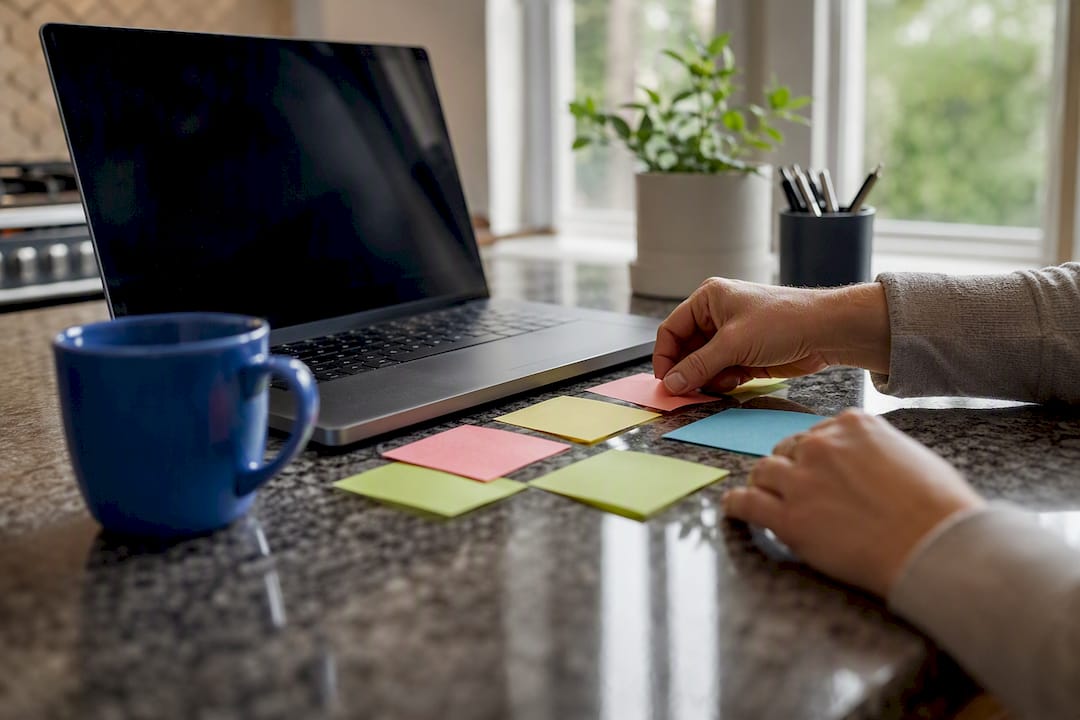 Hands placing version label sticky note on tablet
