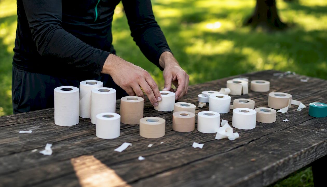 Mit geschickten Händen werden verschiedene Sporttapes sortiert und vorbereitet.