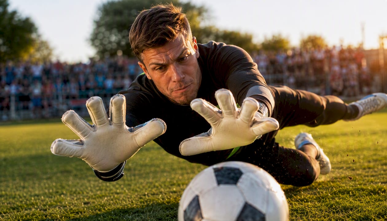 Ein Torwart hechtet spektakulär nach dem Ball – natürlich mit Handschuhen, die außen genäht sind.