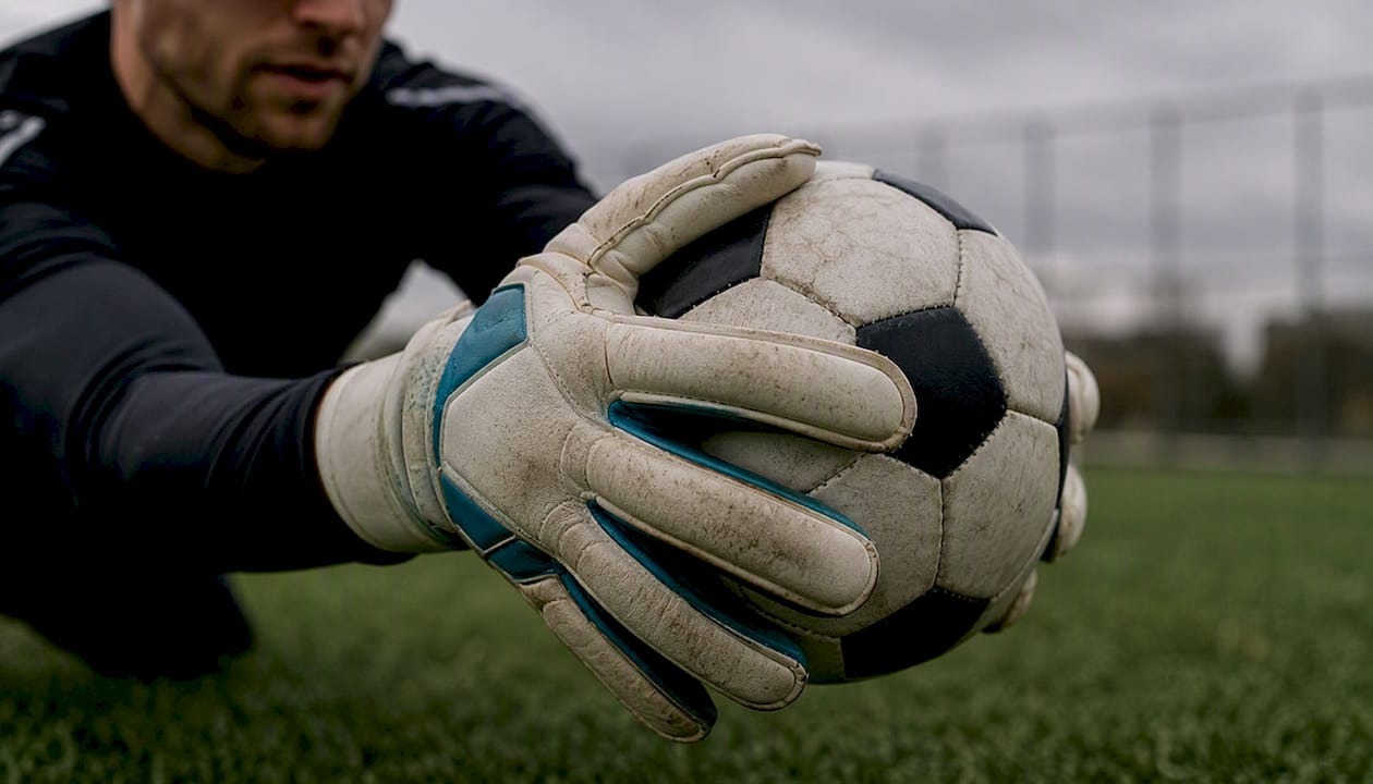 Ein Torwart schnappt sich den Ball sicher mit eng anliegenden Handschuhen.